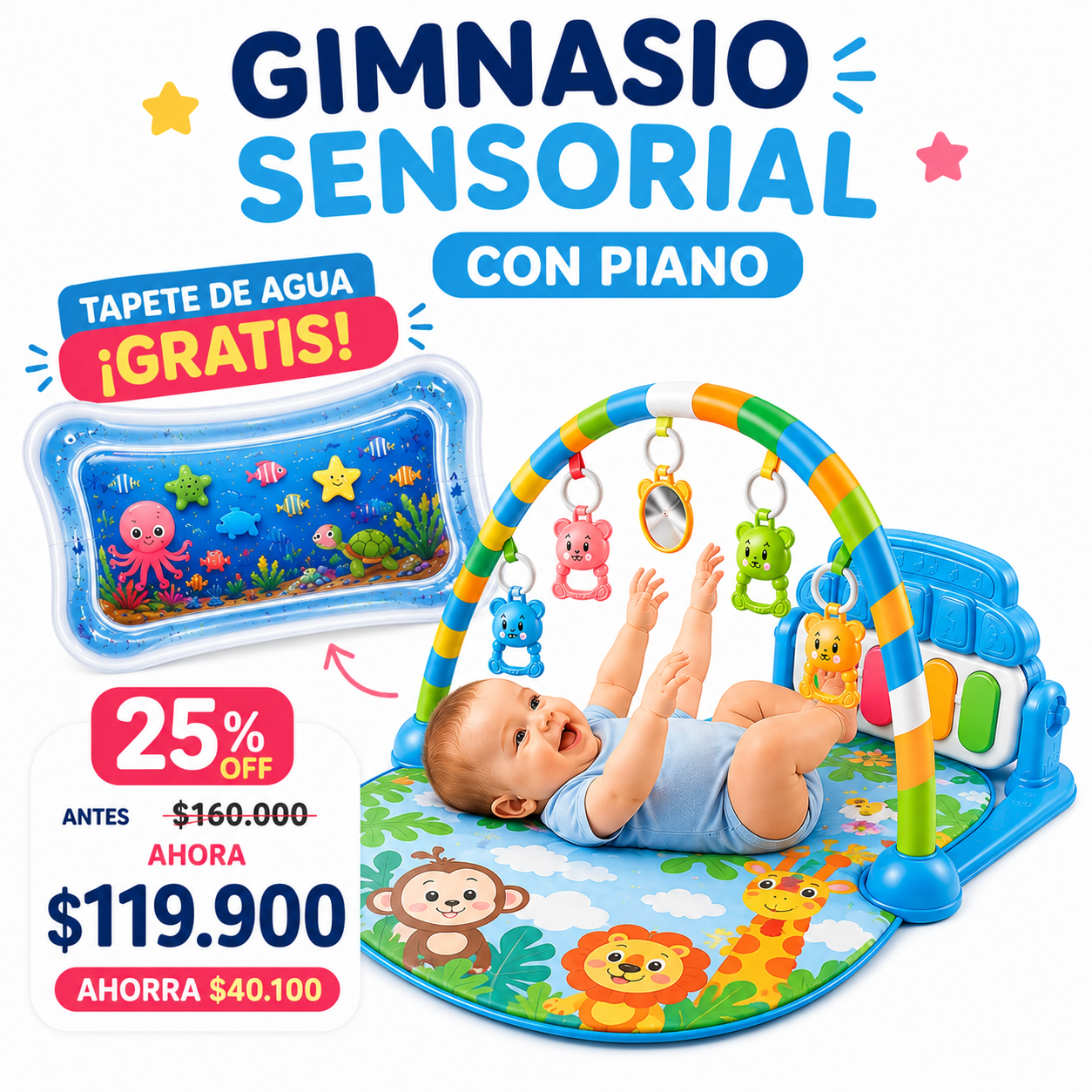 Gimnasio sensorial con piano 2 en 1 + Tapete de agua GRATIS 🎁