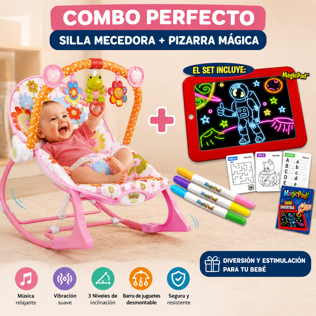 Silla mecedora bebé + pizarra LED